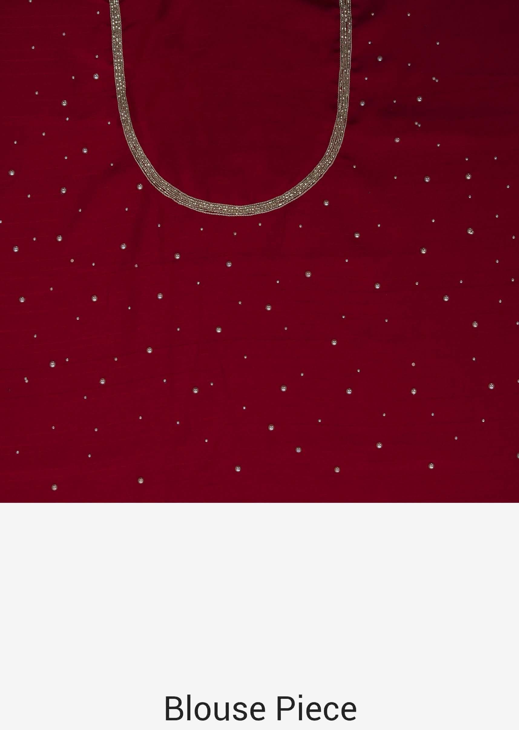 Blood red saree in satin chiffon with moti and zardosi embroidery only on Kalki - KALKI Fashion India