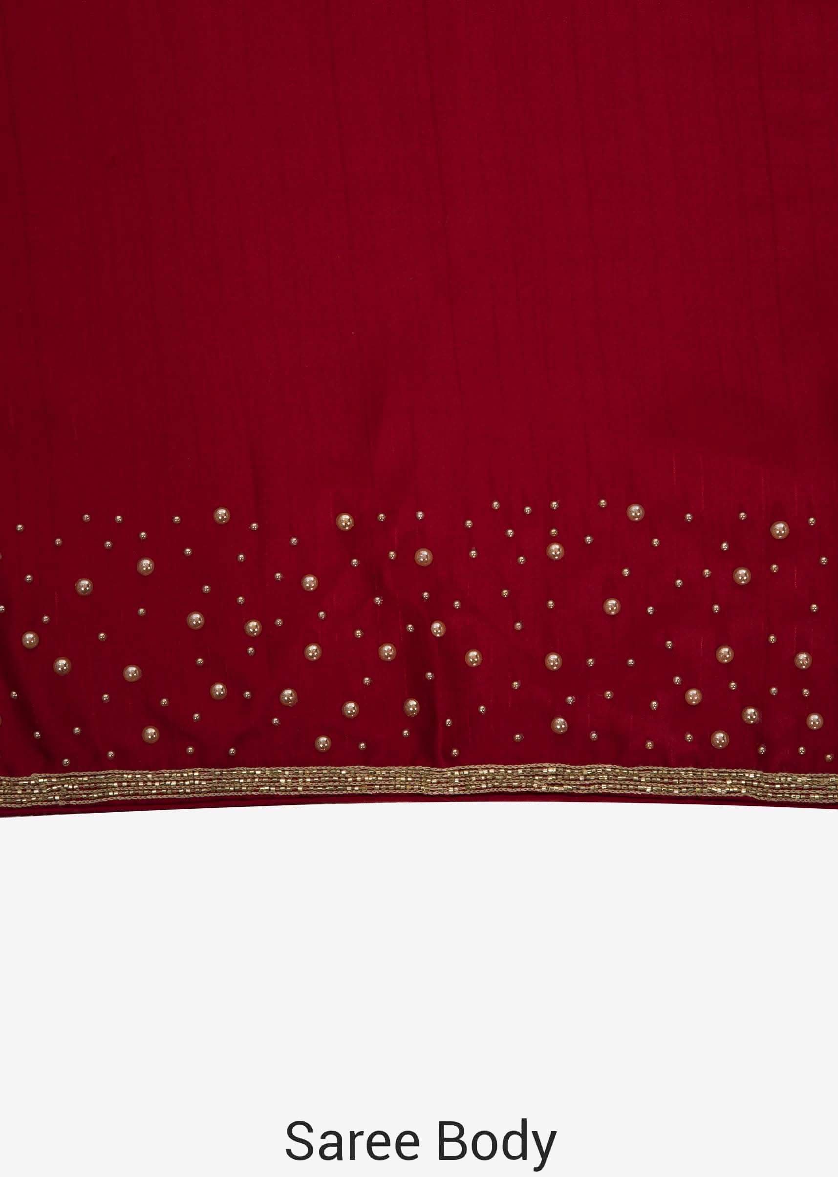 Blood red saree in satin chiffon with moti and zardosi embroidery only on Kalki - KALKI Fashion India