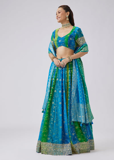 Blue And Green Lehenga Choli With Floral Weave Embroidery
