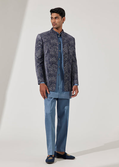 Blue And Grey Velvet Indo Western Set With Resham Motif Work