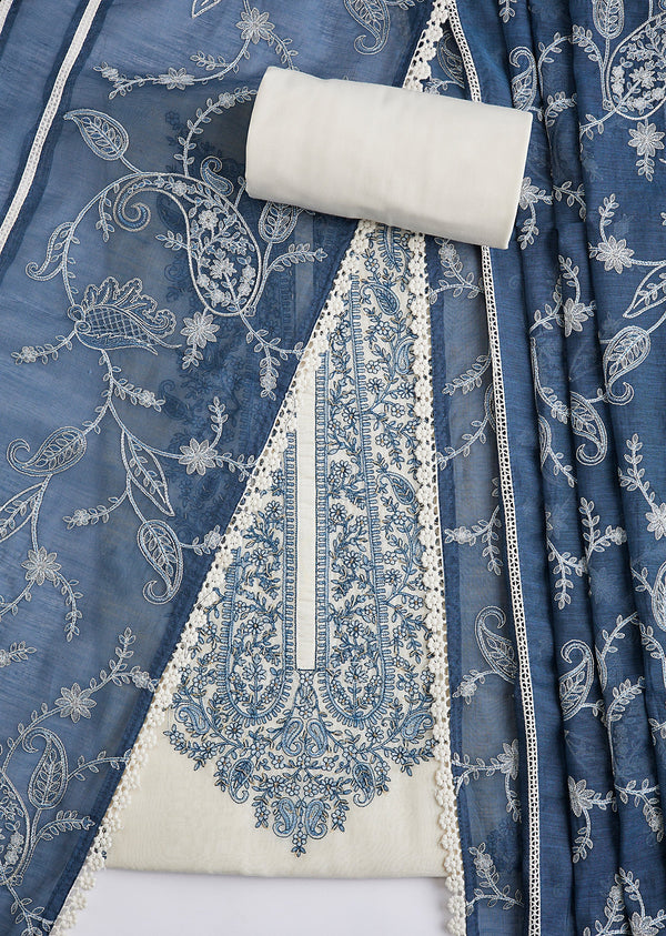 Blue And White Cotton Resham Embroidered Dress Material Set