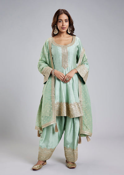 Blue Bemberg Silk Kurta Set With Zari Lace Work And Dupatta