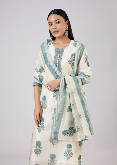Blue Chanderi Hand Block Print With Embroidered Kurta
