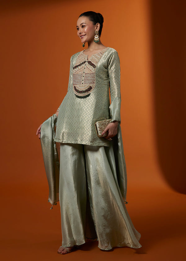 Blue Brocade Palazzo Suit Set With Yoke Embroidery