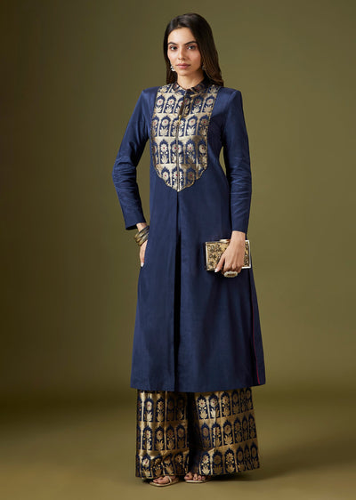 Blue Brocade Yoke Kurta Palazzo Set