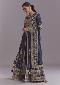 Blue Chinon Anarkali Suit With Embroidery And Front Slit