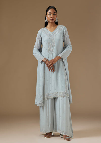 Blue Chinon Palazzo Suit With Cut Dana And Moti Embellished Kurta