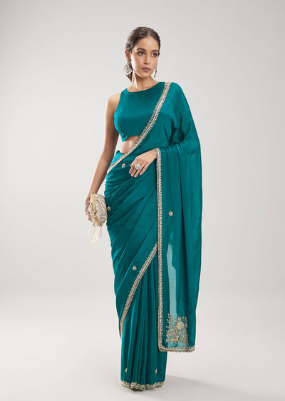 Blue Chinon Saree With Cut Dana Embellished Border And Pallu