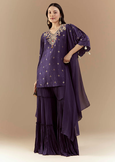 Blue Chinon Silk Sharara Set with Sequin Work