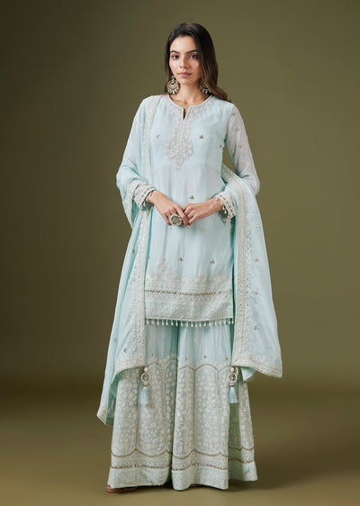 Blue Chinon Thread Embroidered Kurta Palazzo Set With Dupatta