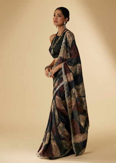 Blue Crepe Abstract Digital Print Saree