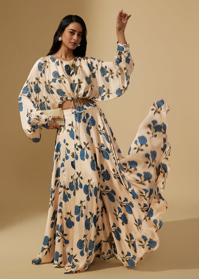 Blue Crepe Floral Printed Crop Top And Skirt Set With Sequin Motifs