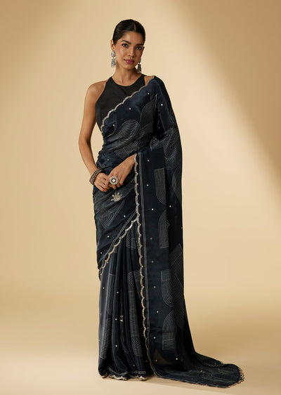 Blue Crepe Geometrical Digital Printed Saree With Unstitched Blouse