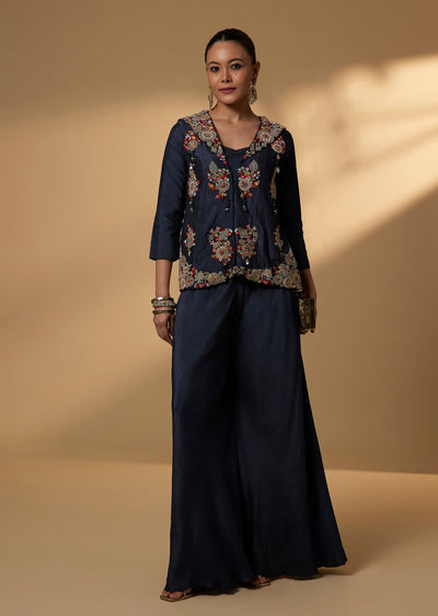 Blue Dola Silk Kurta Set With Embroidered Jacket