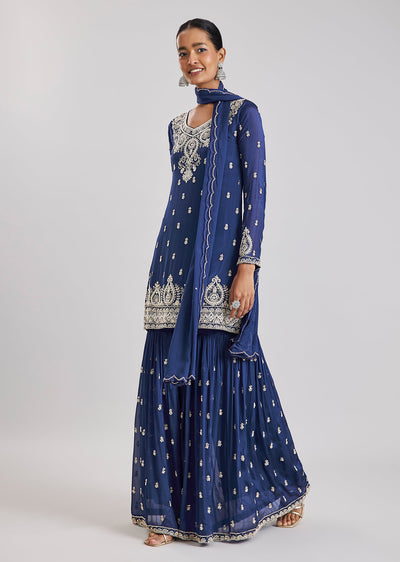 Blue Embroidered Sharara Set