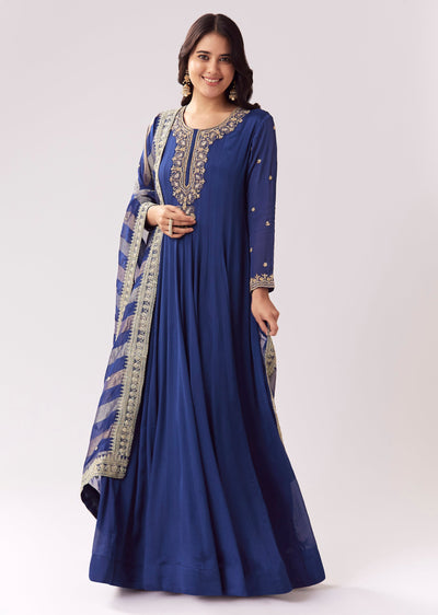 Blue Floor Length Anarkali With Zardozi Sequin Sparkle