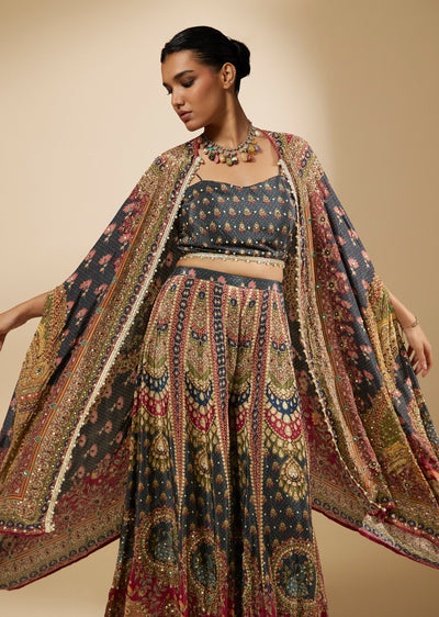 Blue Indie Printed Crop Top Cape Set With Mirror And Moti Work