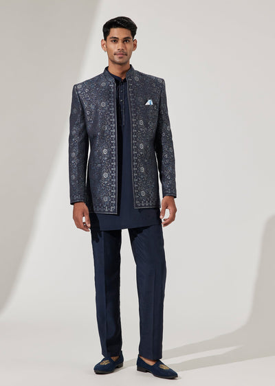 Blue Jacquard Printed Indo Western Set