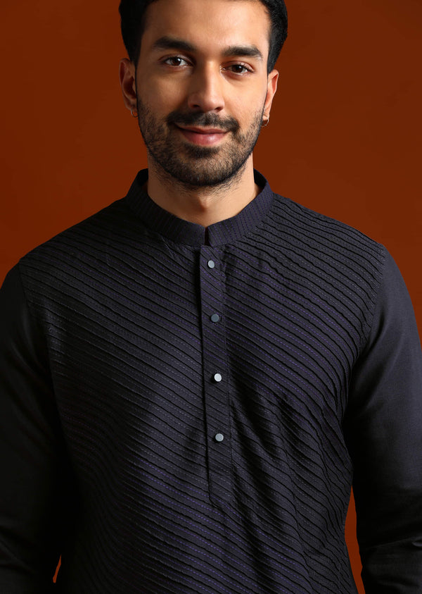 Blue Kurta Set For Men With Pintucks