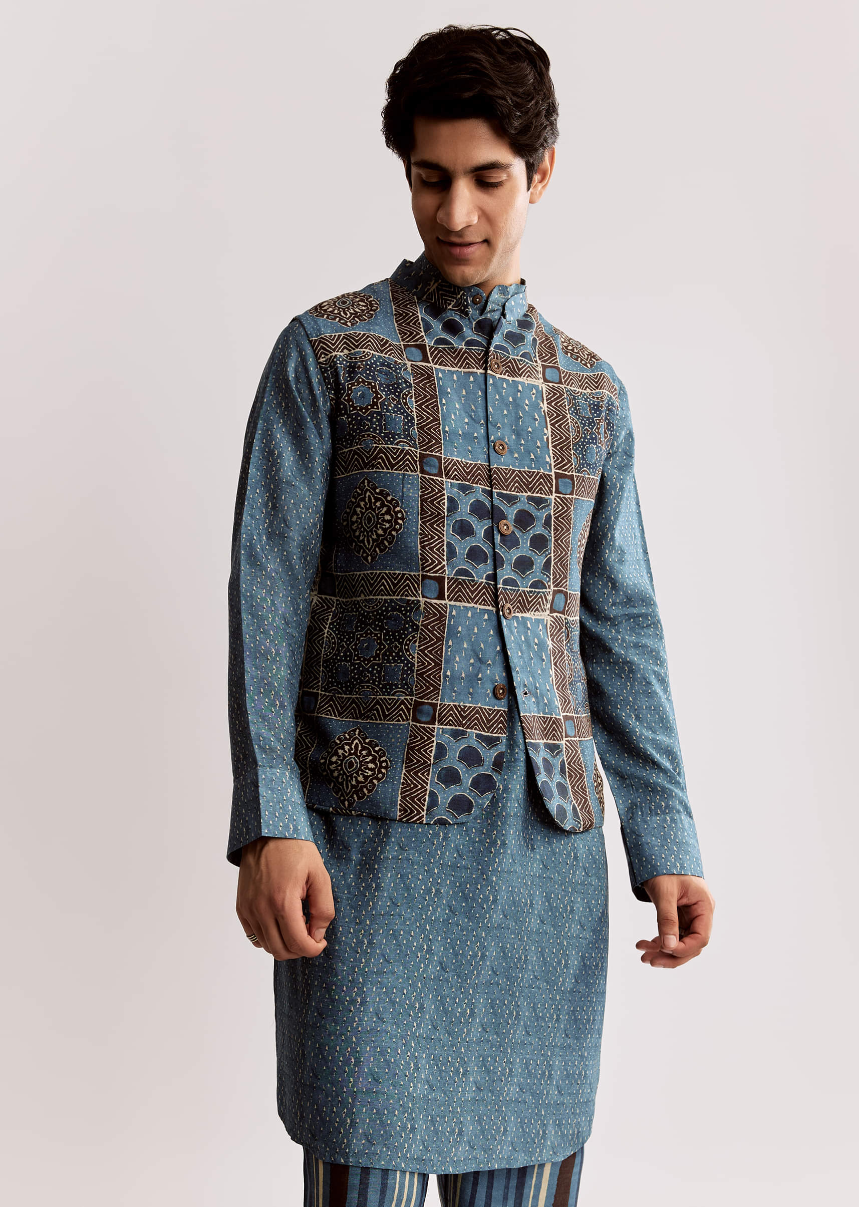 blue-linen-kurta-jacket-set-with-ajrakh-print-sg318175-1