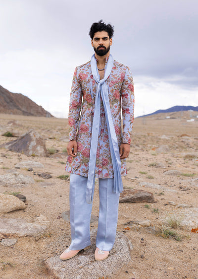 Blue Linen Satin Printed Kurta Set With Organza Dupatta