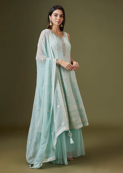 Blue Lucknowi Georgette Anarkali Palazzo Set With Dupatta