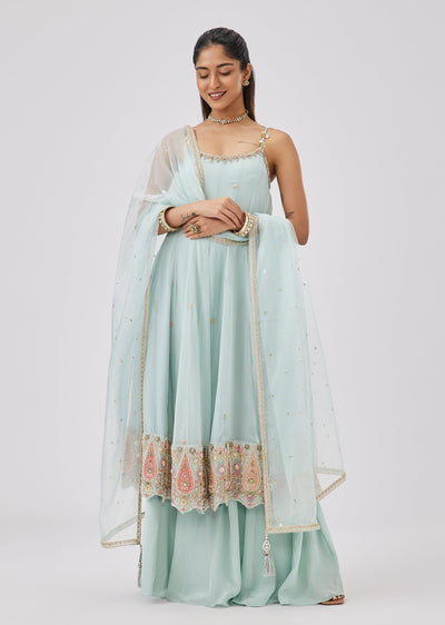 Blue Organza Anarkali Suit With Scattered Butti And Heavy Border Embroidery