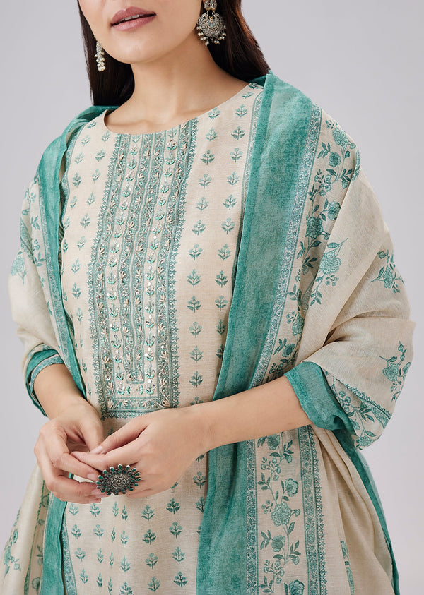 Blue Printed Linen Kurta Set With Dupatta