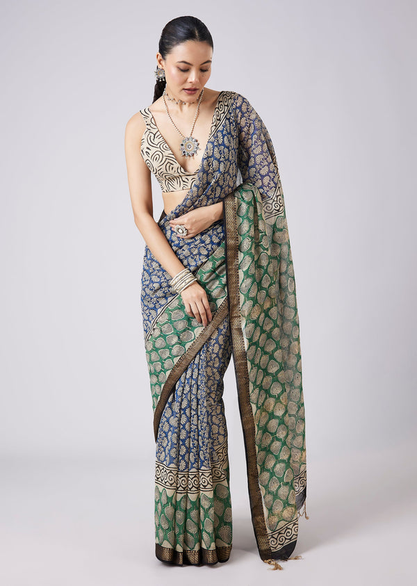 Blue Printed Tassel Border Saree with Unstitched Blouse