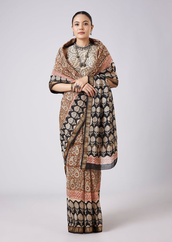 Blue Saree with Block Prints and Unstitched Blouse