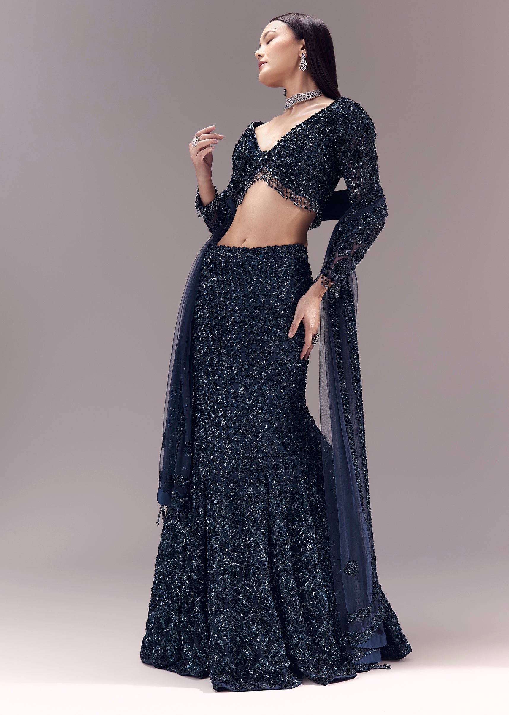 Blue Sequin Embellished Bridal Lehenga Set