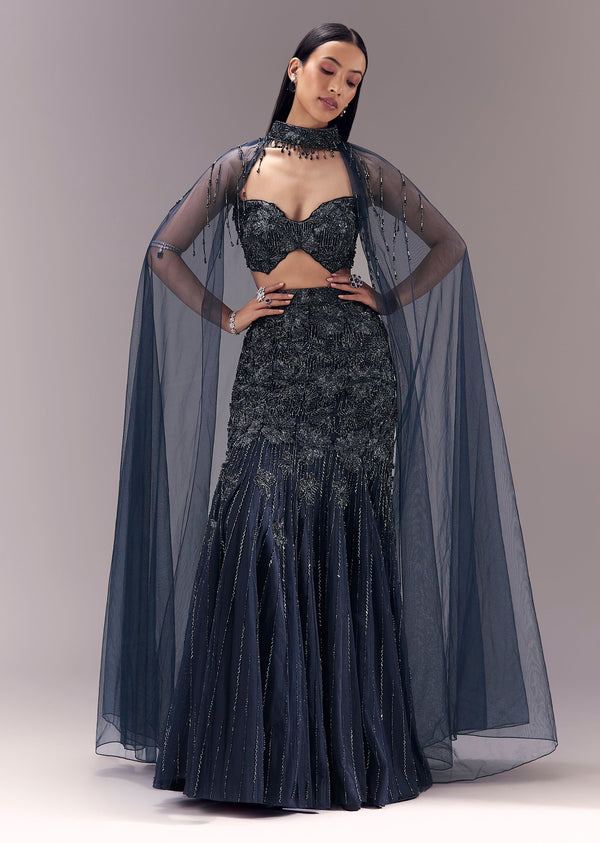 Blue Sequin Embellished And Lehenga Set