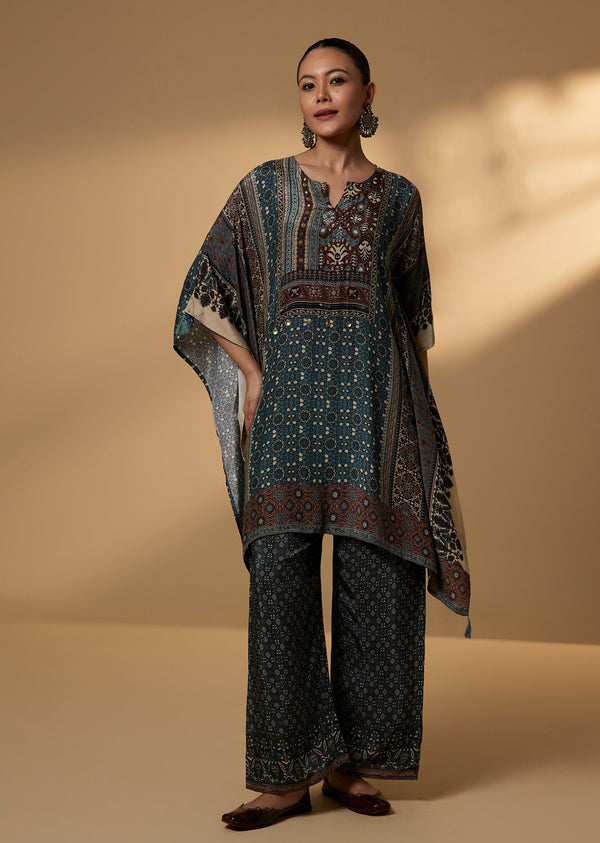 Blue Silk Blend Indie Print Kaftaan Set