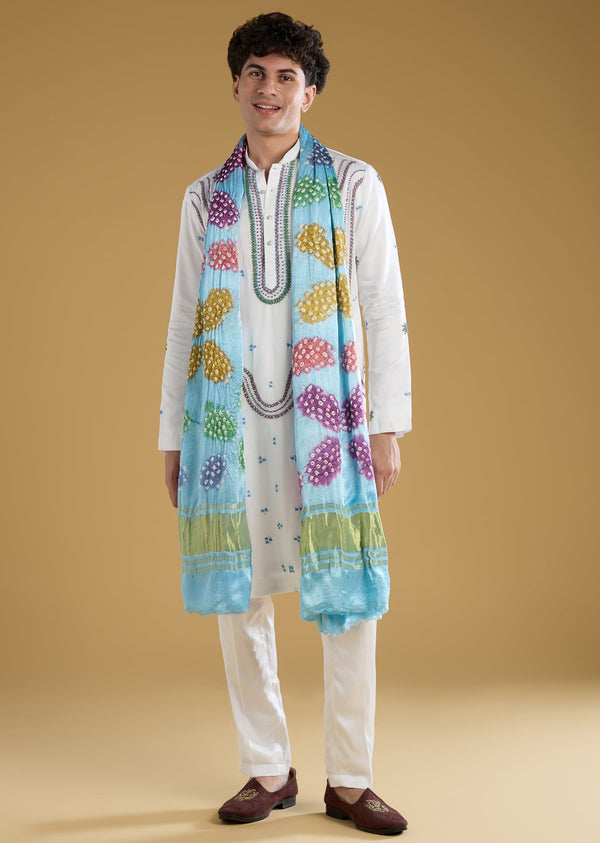 Blue Silk Kurta Set With Thread Detail Work