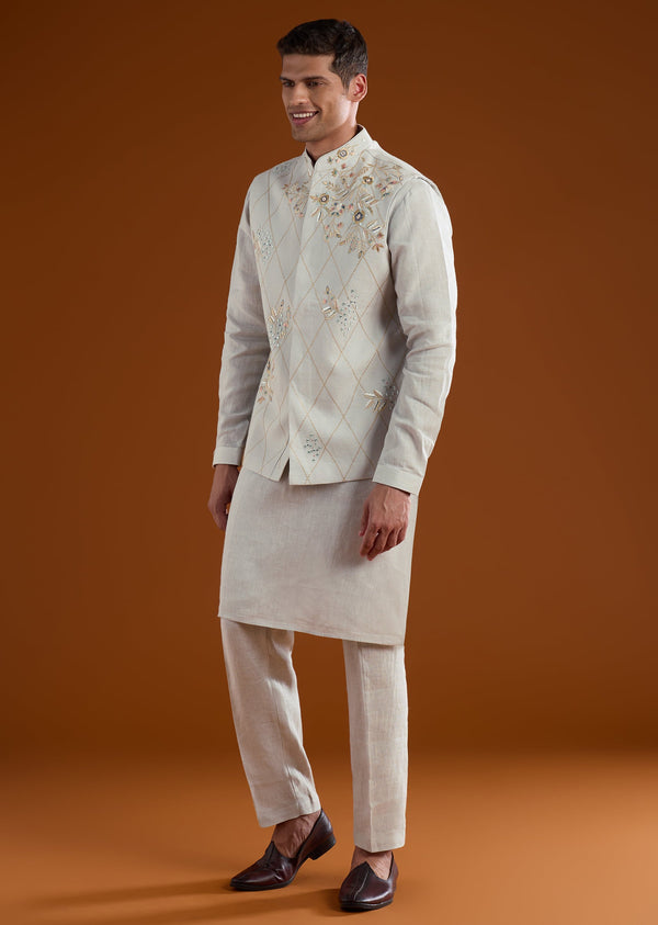 Blue Silk Mens Kurta Jacket Set With Thread And Mirror Work