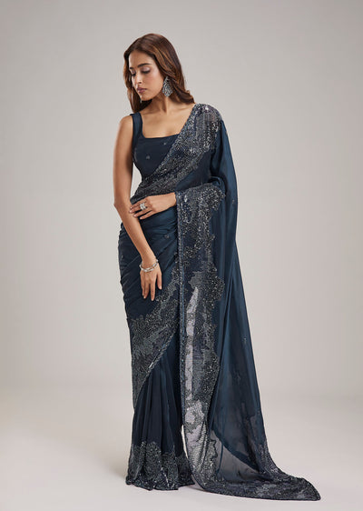Blue Silk Saree With Sequin Embellished Lace Border