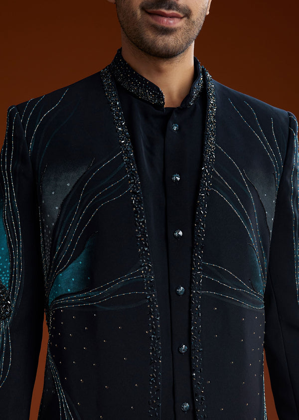 Blue Suiting Indo Jacket Set With Starlit Cutdana Work