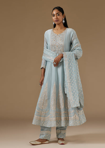 Blue Tissue Anarkali Suit With Zardosi Moti Sequin And Cut Dana Embroidery