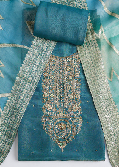 Blue Tissue Sequin And Bead Embroidered Dress Material Set