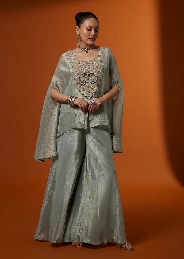 Blue Woven Tissue Embroidered Kurta And Palazzo Set