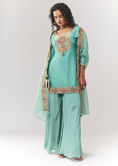 Blue Zardosi And Thread Work Straight Kurta Palazzo Set With Dupatta