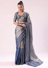 Blue And Silver Half Striped Chanderi Saree Wiith Stitched Blouse