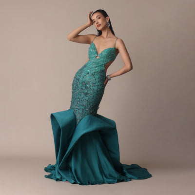 blue green ombre draped gown embroidered fishcut with cutout-sg226238 1