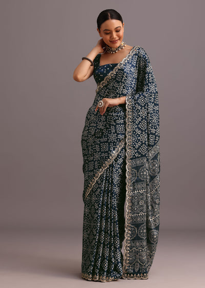 blue indigo mirror and ajrakh print embroidered-sg257839 2