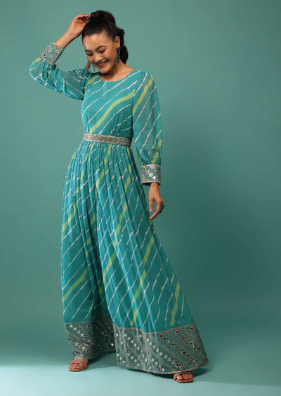 Blue Jumpsuit With Leheriya Print And Mirror Work