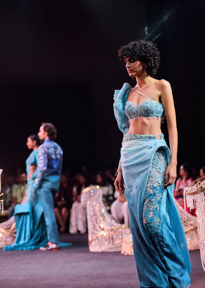 blue ombre asymmetric slit trail skirt and balloon sleeve-sg226245