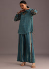 Blue Printed Shirt Palazzo Set With Embroidery