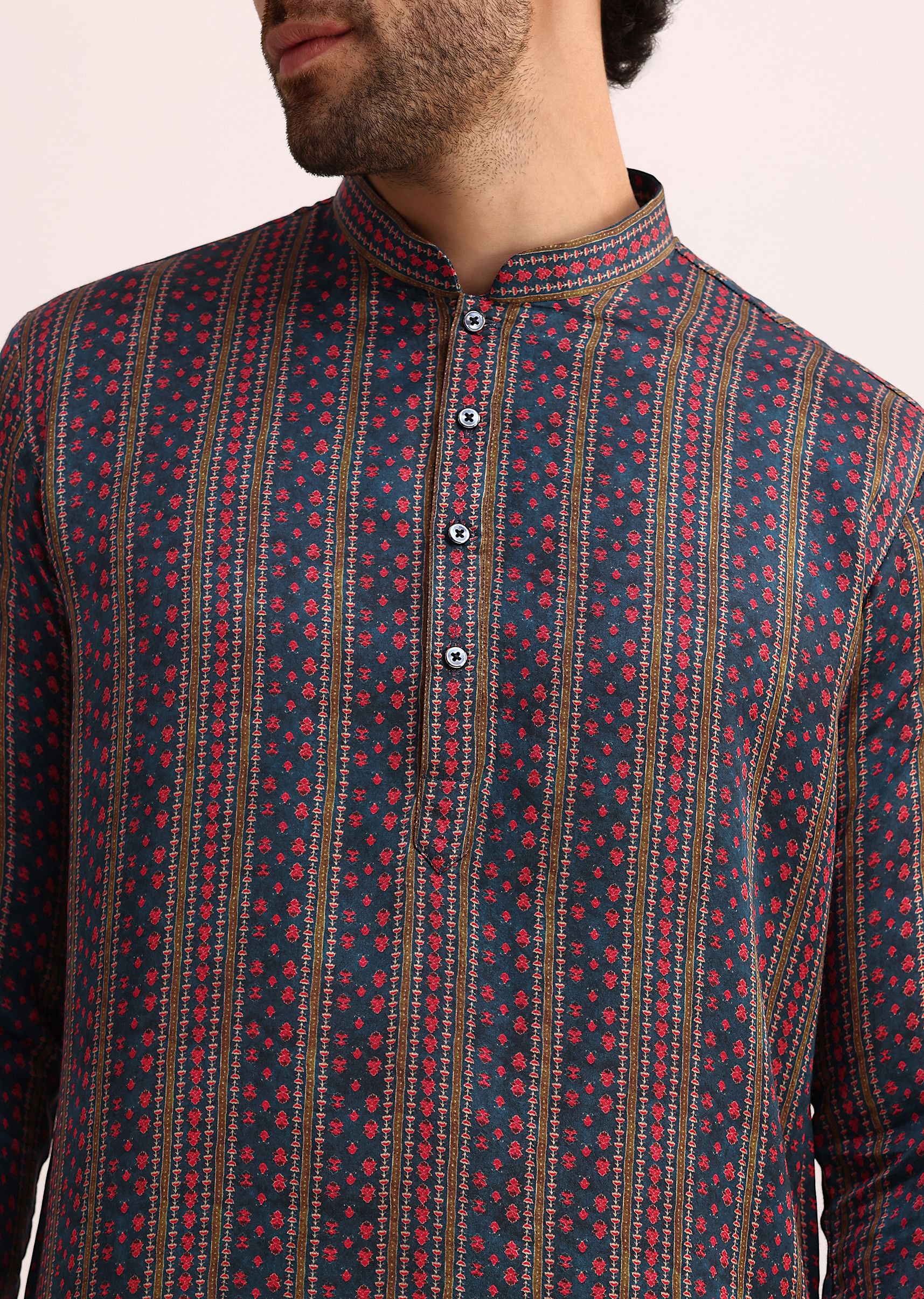 blue printed stripe kurta set in silk-sg252879 1