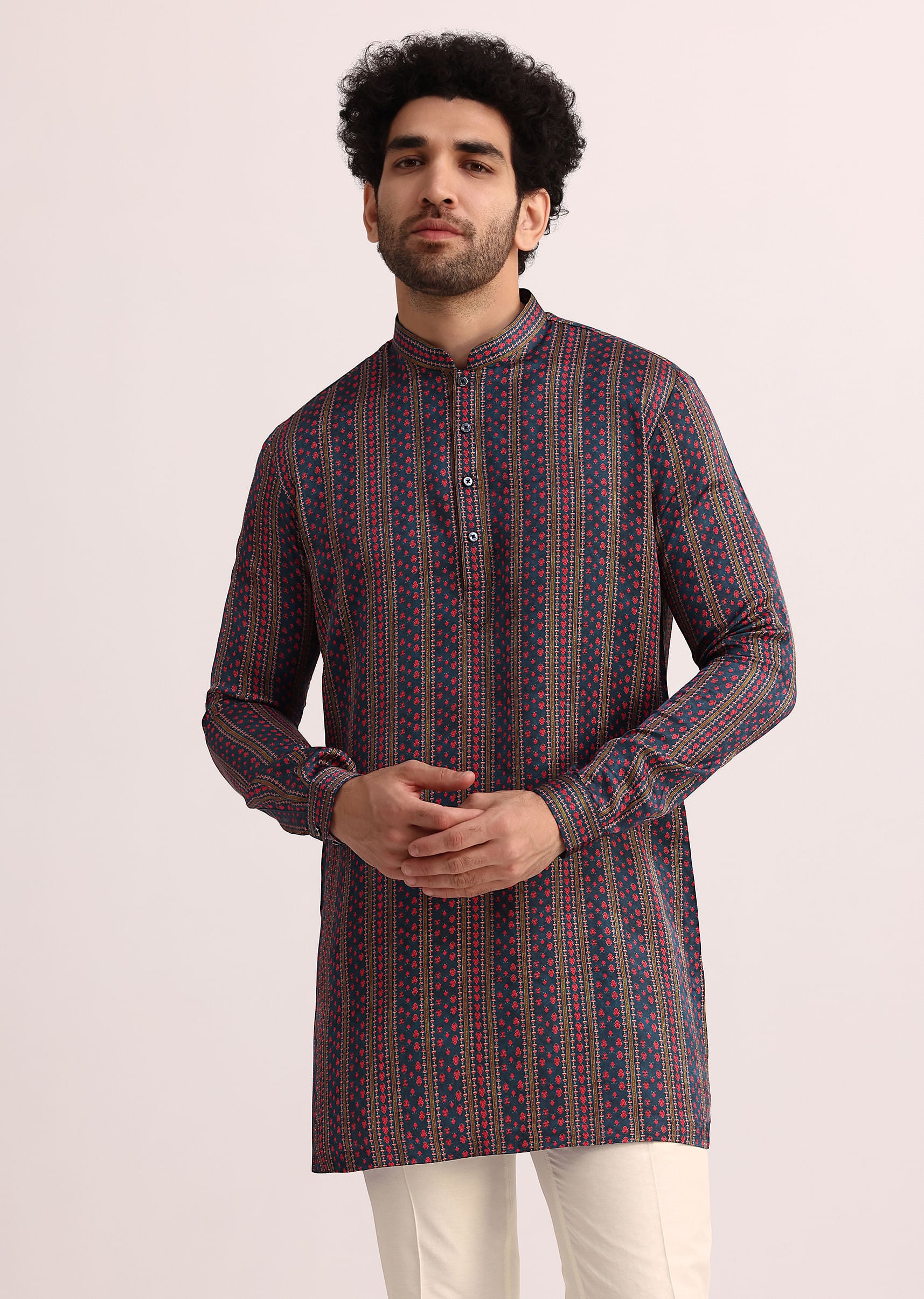 blue printed stripe kurta set in silk-sg252879 2