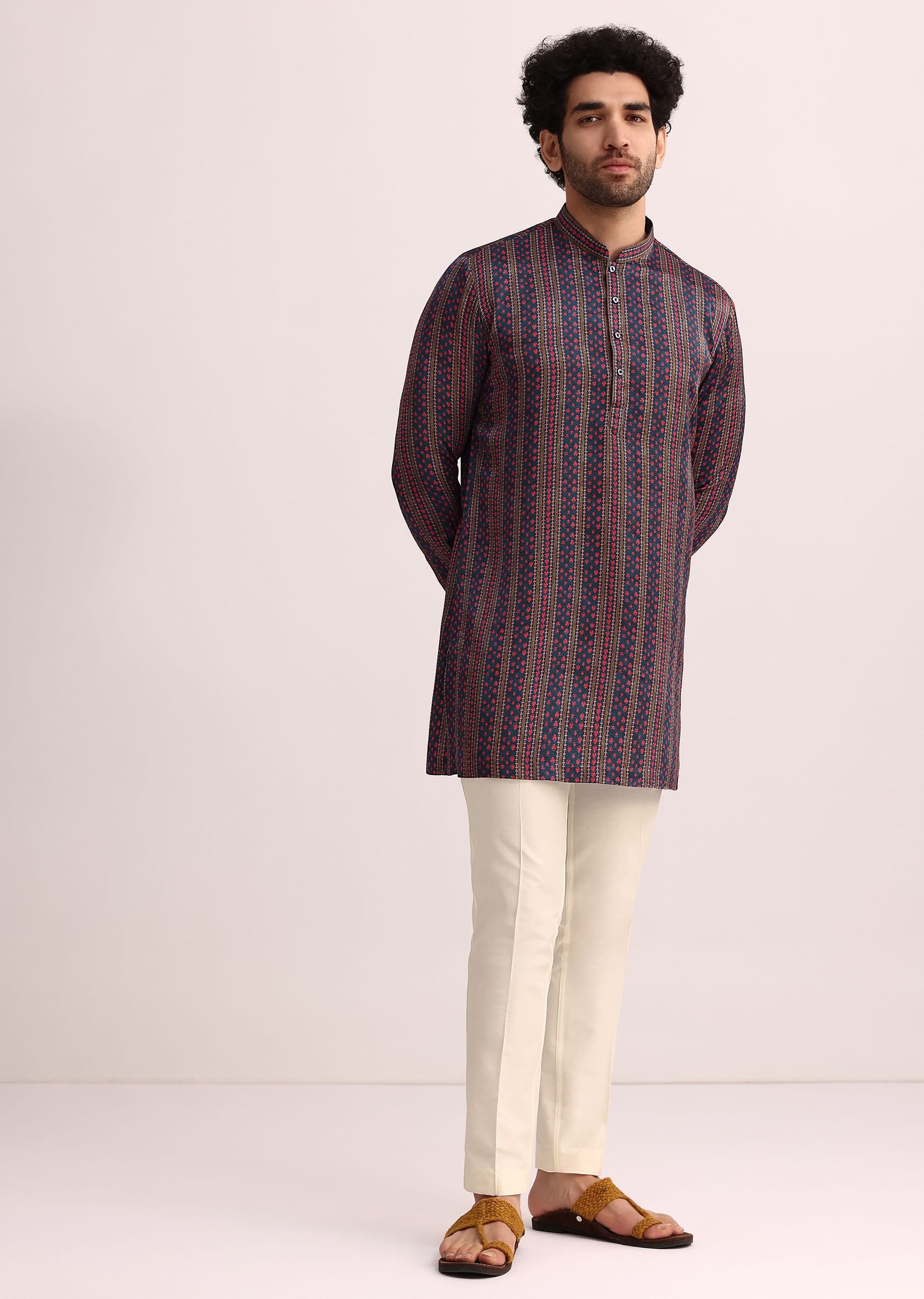 blue printed stripe kurta set in silk-sg252879 3